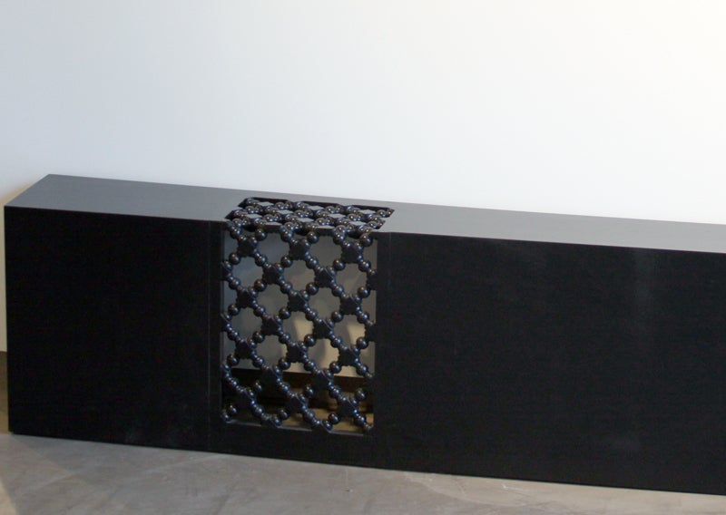 Mid-20th Century Monteverdi-Young Black Lacquer with Unique Carved Lattice Detail King Headboard For Sale