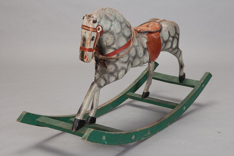 Painted Folk Art White Rocking Horse With Saddle