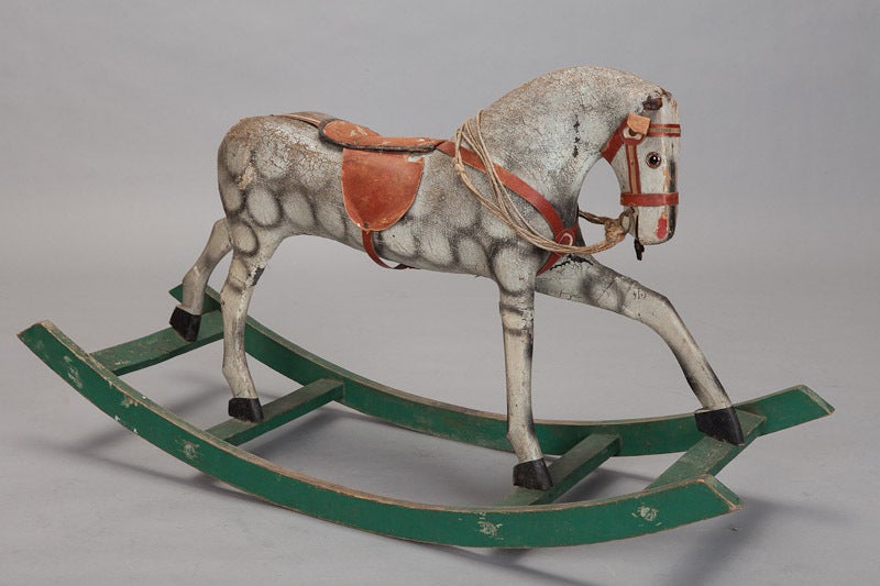 Folk Art White Rocking Horse With Saddle In Excellent Condition In Troy, MI
