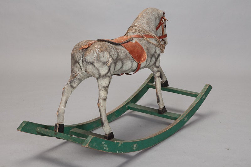 Mid-20th Century Folk Art White Rocking Horse With Saddle