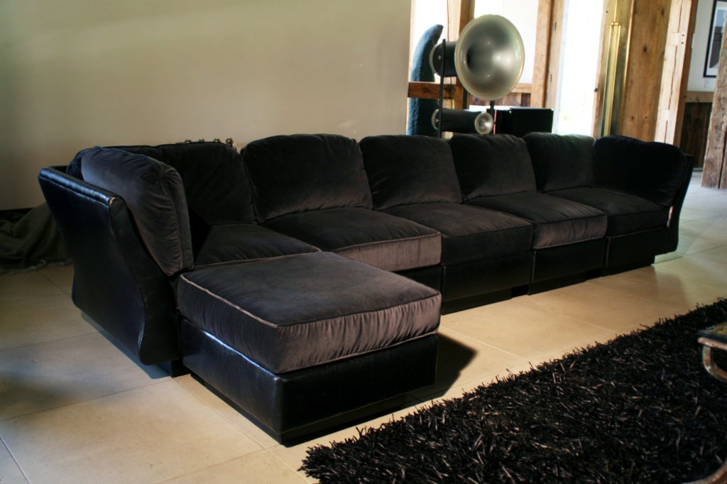 French Pierre Cardin Modular Sectional w/ Ottoman, in Leather & Velvet For Sale