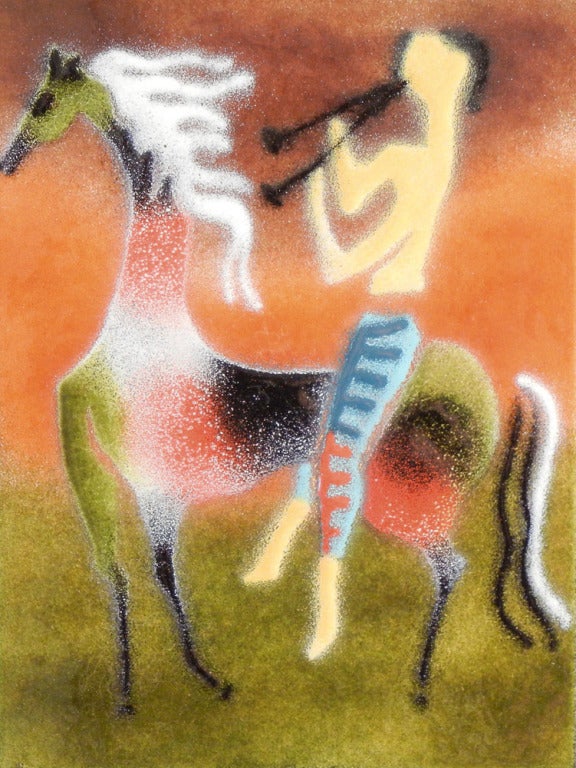 Featuring rich, saturated colors and mythological figures surrounded by a group of horses, this unique panel is a classic, superb example of 1950s enamel work.  The Pan figure, with his pipes, and the nymph, with a dress featuring a Greek key motif,