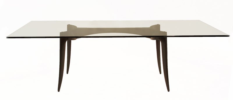 Unknown Sculptural Tapered Leg Wood and Chrome Dining Table with Thick Glass Top For Sale