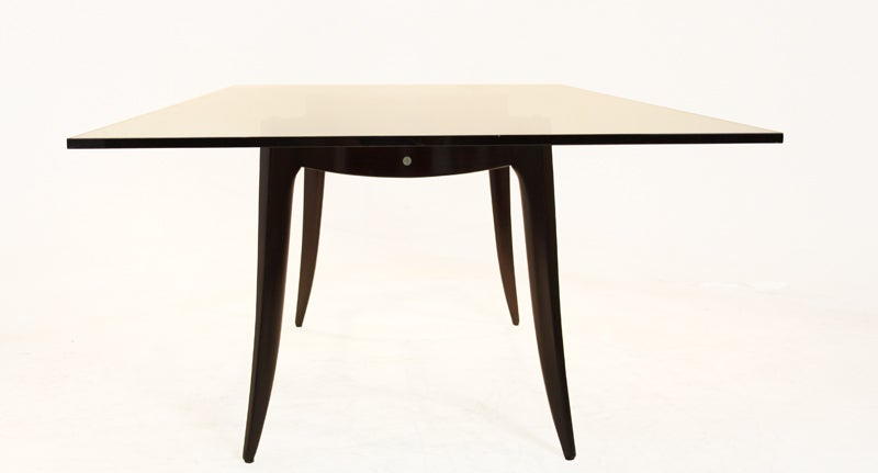 Late 20th Century Sculptural Tapered Leg Wood and Chrome Dining Table with Thick Glass Top For Sale