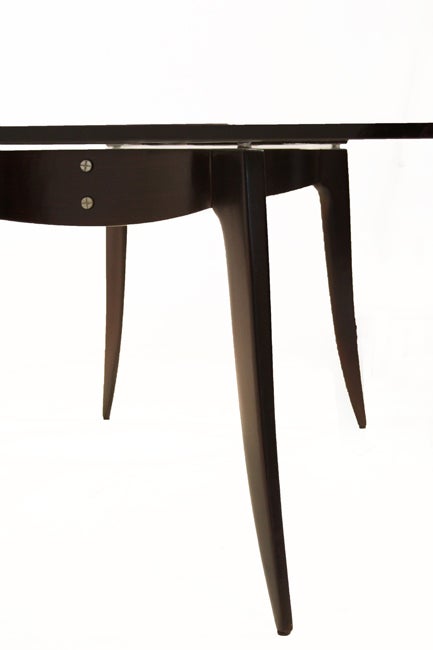 Sculptural Tapered Leg Wood and Chrome Dining Table with Thick Glass Top For Sale 2