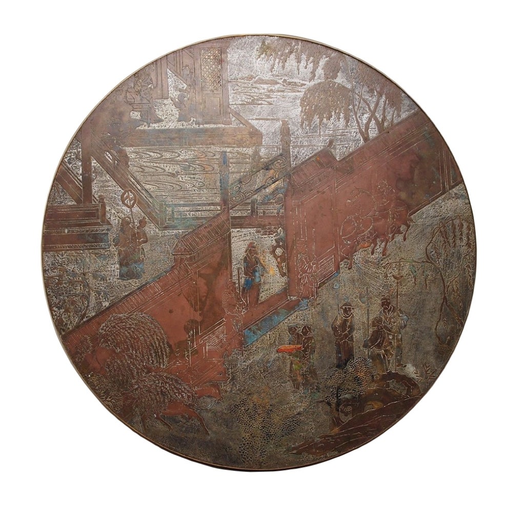 Philip and Kelvin LaVerne Chan coffee table, the enameled and patinated bronze top engraved with an Asian courtyard scene, over a faceted base. Signed Philip Kelvin Laverne. The table is in excellent condition the bronze shows a beautiful aged