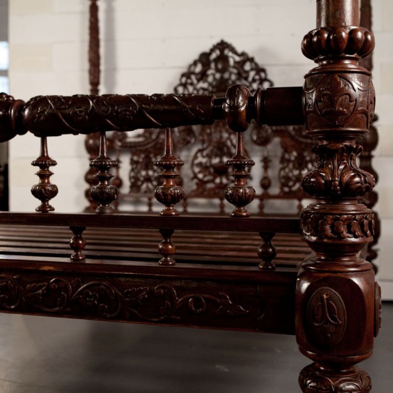 19th Century Anglo-Indian Heavily Carved Mahogany Four Poster Bed