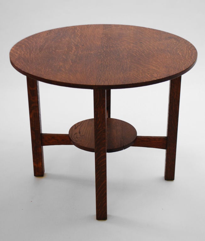 L&JG Stickley mission lamp table with circular top and lower shelf.  Pegged and signed.***Contact Information: AOL (American Online) users may experience difficulties sending emails to us or receiving emails from us.  If you have made an inquiry to