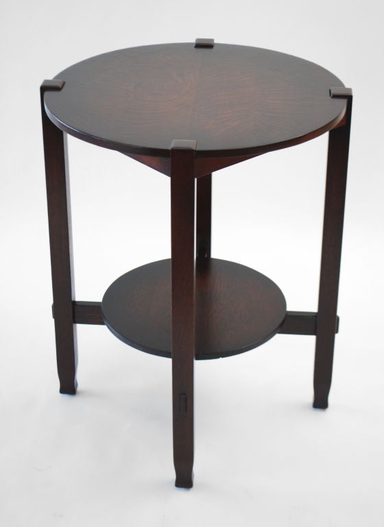 Stickley Brothers oak lamp table, two tier form, thru-tenons, and macmurdo feet.  Quaint label.  ***Contact/Shipping Information: AOL (American Online) users may experience difficulties sending emails to us or receiving emails from us. If you have