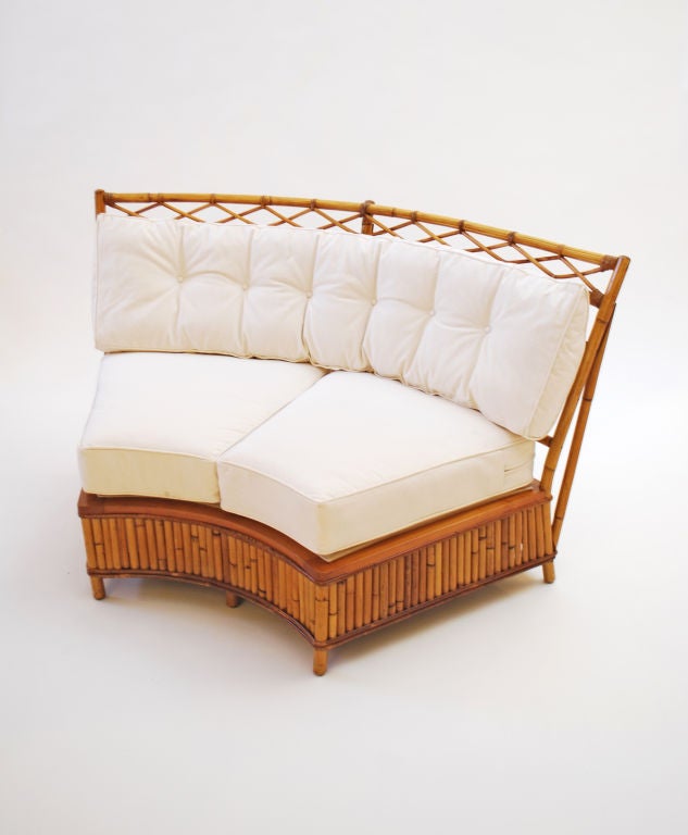 Fine & rare 3 piece rattan curved sofa by Ficks Reed Co.    *Notes: There is no sales tax on this item if it is being shipped out of the state of Florida (Objects In The Loft will need a copy of the shipping document). Please feel free to e-mail or