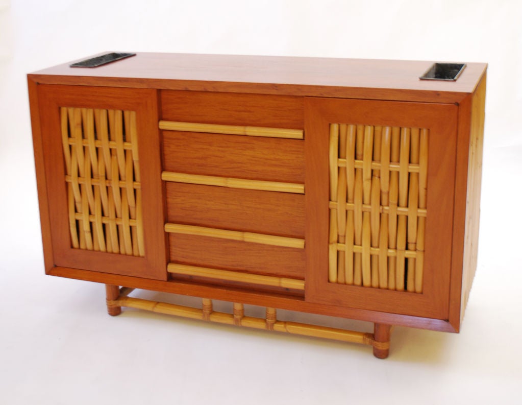 Rattan & Brazilian Mahogany Cabinet in the Manner of Paul Frankl