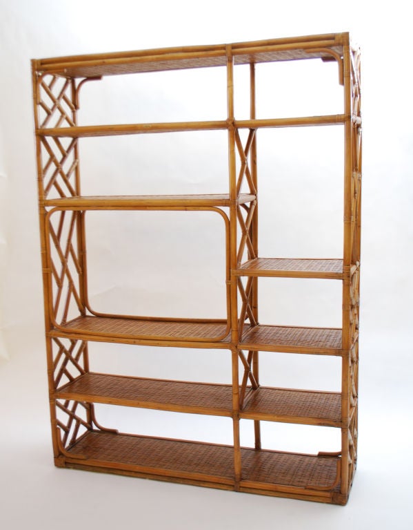 Vintage rattan Chinese Chippendale style etagere.*Notes: There is no sales tax on this item if it is being shipped out of the state of Florida (Objects20c/Objects In The Loft will need a copy of the shipping document). Please feel free to e-mail or