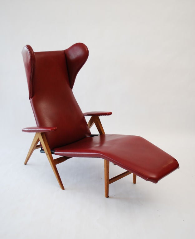 DESIGNER & MANUFACTURER: H.W. Klein; Bramin Mobler

MARKINGS: none

COUNTRY OF ORIGIN & MATERIALS: Denmark; wood, vinyl

ADDITIONAL INFORMATION: Rare adjustable chaise longue chair by H.W. Klein. Wonderfully crafted, extremely comfortable