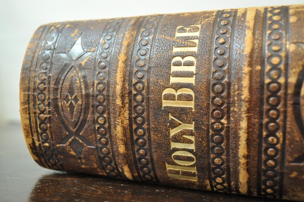 19th Century Large American Embossed Leather & Brass-Bound Bible