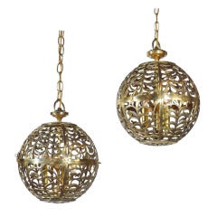 Vintage Pair Pierced Brass Asian Ceiling Pendants