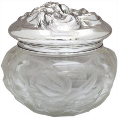Antique Art Nouveau Sterling Silver and Intaglio Cut Crystal Powder Jar
