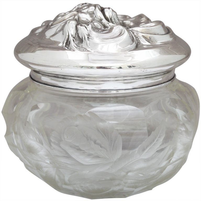 Art Nouveau Sterling Silver and Intaglio Cut Crystal Powder Jar
