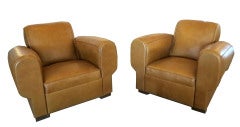 Pair French Art Deco Leather Club Chairs