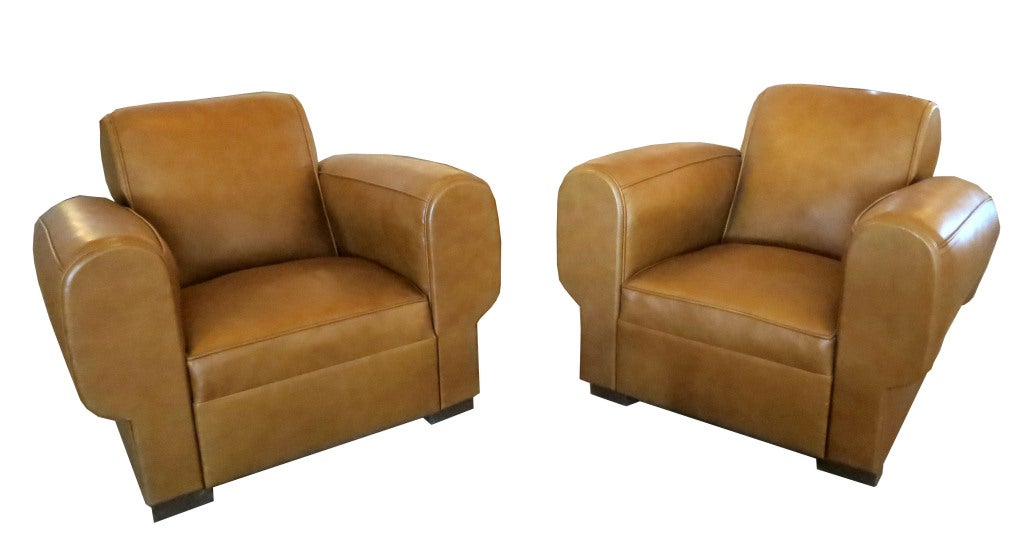 Pair French Art Deco Leather Club Chairs For Sale