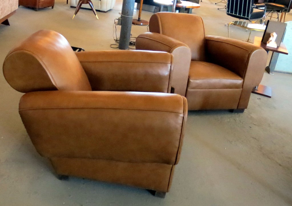 Pair French Art Deco Leather Club Chairs In Good Condition For Sale In Coral Gables, FL