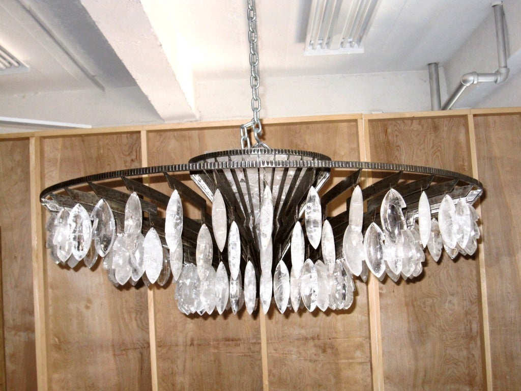 Contemporary Pair of Rock Crystal and Hand Hammered Chandeliers
