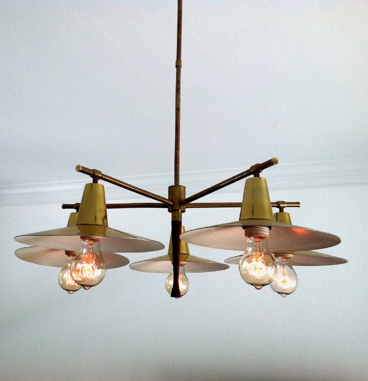 Midcentury Indsutrial Brass Chandelier Gerald Thurston Lightolier In Good Condition In Atlanta, GA