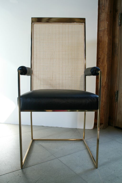 Late 20th Century 6 Milo Baughman Brass & Cane Back Leather Dining Chairs For Sale