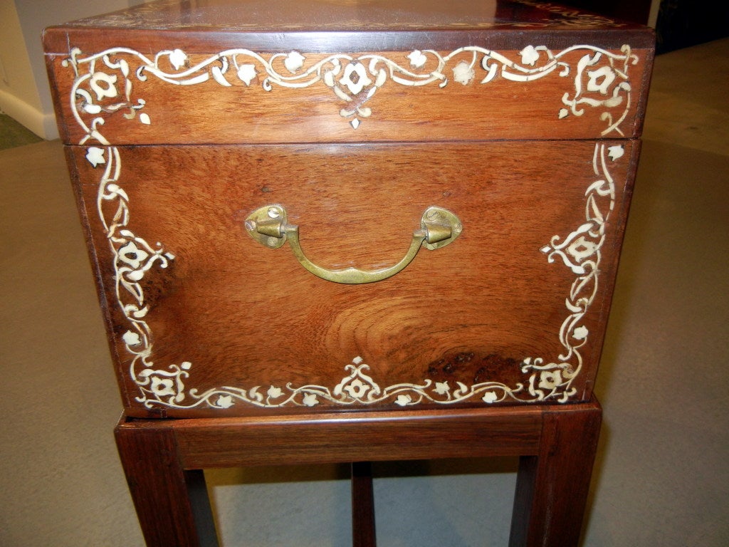 Teak Large Antique Anglo-Indian Inlaid Box On Stand/Side/End Table