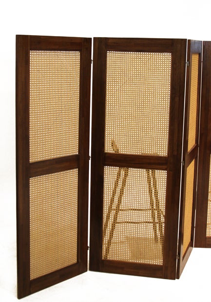 Massive Danish Modern Caned Solid Staved Teak Frame Folding Screen Room Divider In Good Condition For Sale In Los Angeles, CA