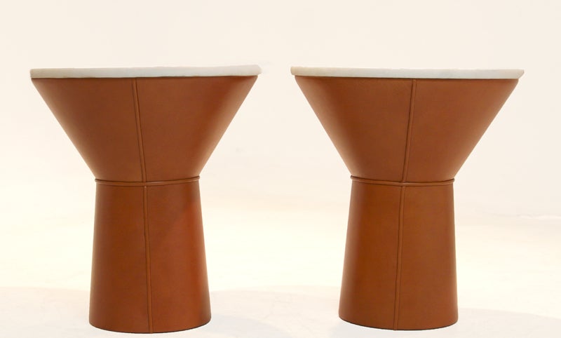 American Conical Leather Side Table With Cream Travertine Top