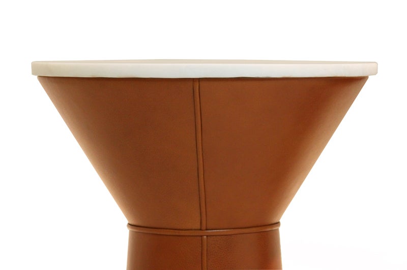 Conical Leather Side Table With Cream Travertine Top In Good Condition In Hollywood, CA