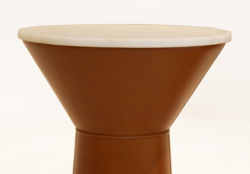 Mid-20th Century Conical Leather Side Table With Cream Travertine Top
