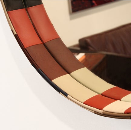 American Custom 36 Inch Patchwork Leather Wrapped Circular Mirror by Thomas Hayes Studio