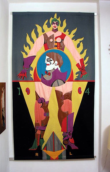 Though older than many of his contemporaries, Richard Linder (1901-1978) is considered one of the first Pop artits. His imagery often featured powerful amazon women and included fetish attire and had strong erotic overtones. 
This 1964 banner, one