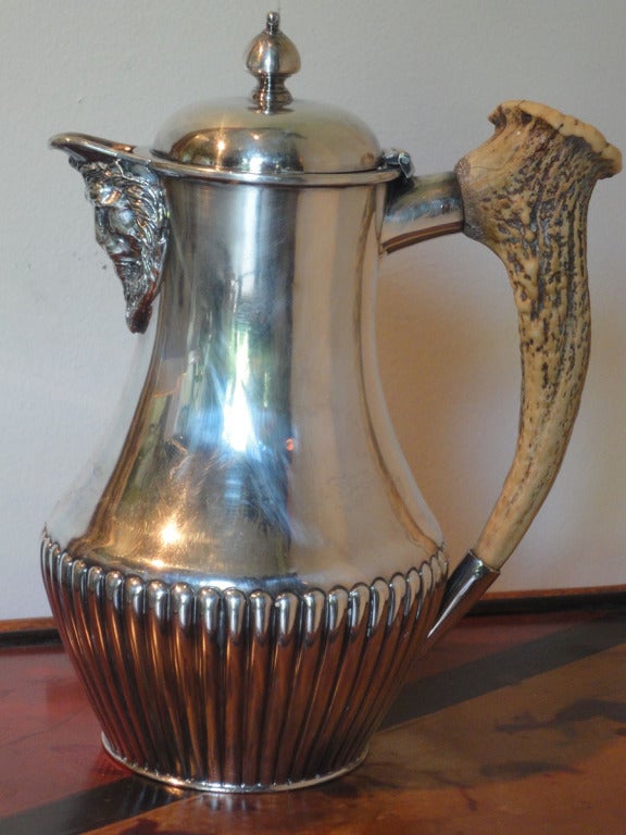 Silverplate Coffee Pot with Antler Horn Handle & reeded base by Wm. Hutton & Sons Ltd. & stamped 