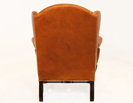 Pair of Leather Wing Back Chairs with Solid Sculptural Feet In Good Condition In Hollywood, CA