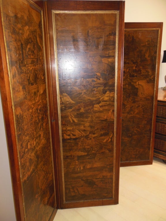 Gilt Antique English Decoupage 4-Panel Screen For Sale