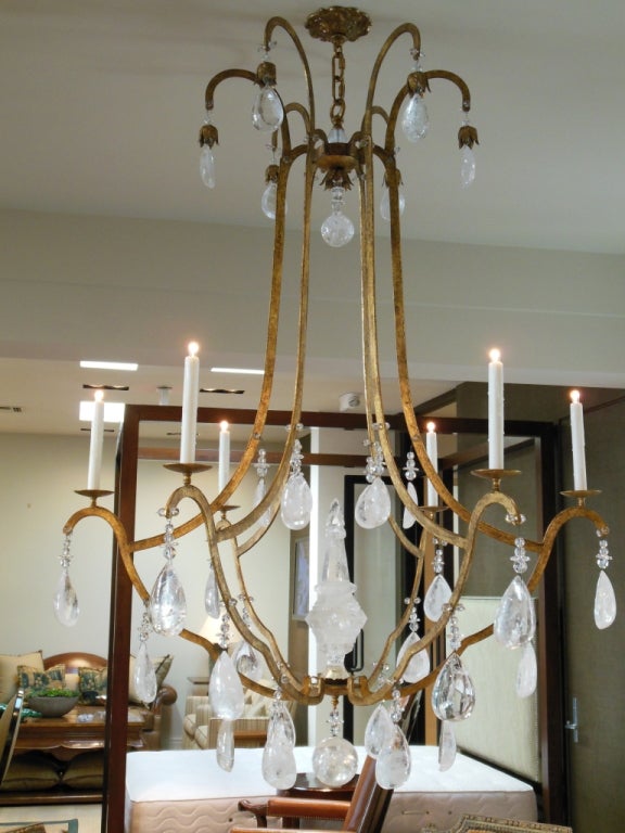 6 Arm Chandelier, with rock crystal accents.  Gold finish on metal. Note this vintage chandelier was originally ordered in all rock crystal, which is rare.