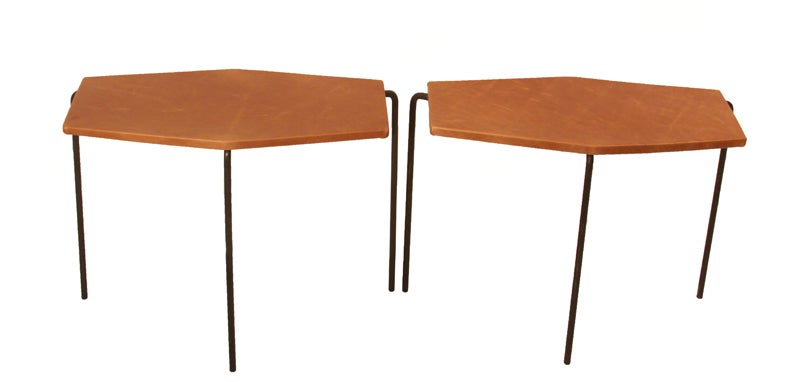 Mid-Century Modern Vintage Industrial Brasileira Leather and Wrought Iron Side Tables