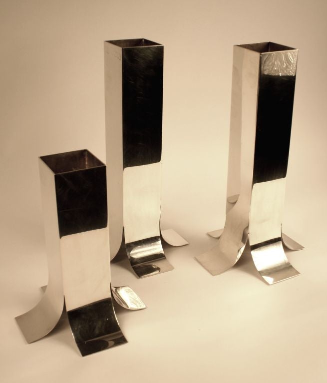 Set of 3 Silved Plated Vases Signed Lino Sabattini