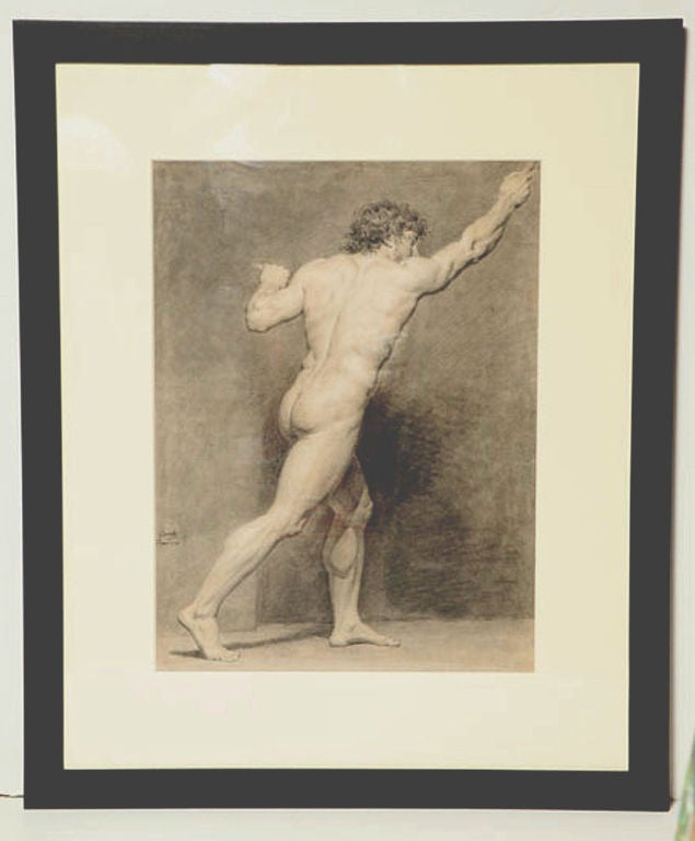 STANDING IN A THREE-QUARTER BACK POSITION VIEWED FROM THE RIGHT SIDE, THE FLEXED LEFT LEG FORWARD AND THE RIGHT LEG EXTENDED TO THE BACK, THE LEFT ARM BENT AND THE RIGHT ARM RAISED TO THE FRONT, SIGNED, INSCRIBED AND DATED 