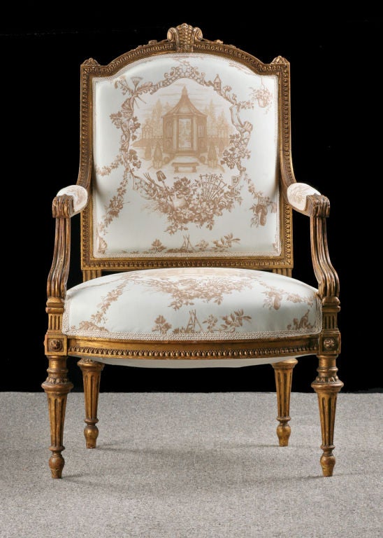 Pair of French Antique Louis XVI style Carved Giltwood Armchairs 4