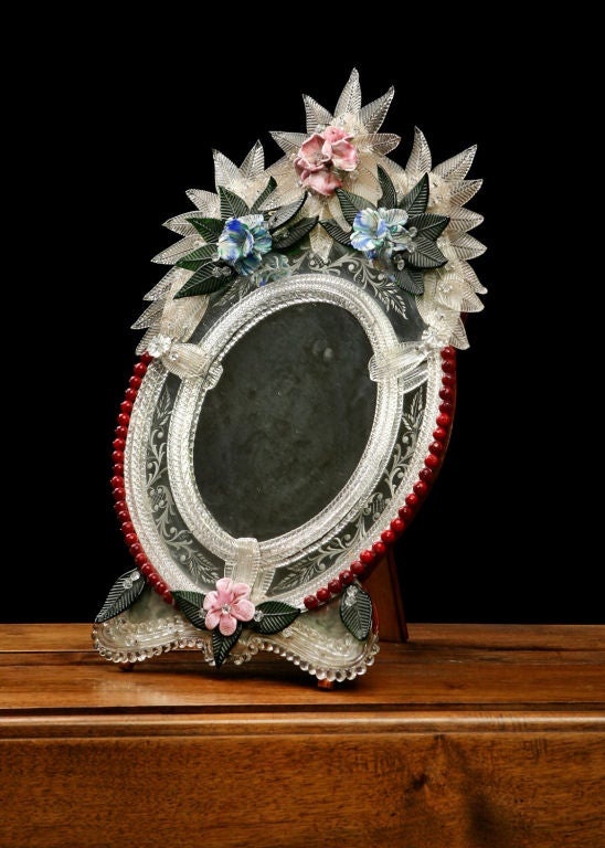 Italian Antique Murano Vanity Mirror with Beautiful Colored Flowers and Leaves and Glass Ornaments. Wooden back with stand.