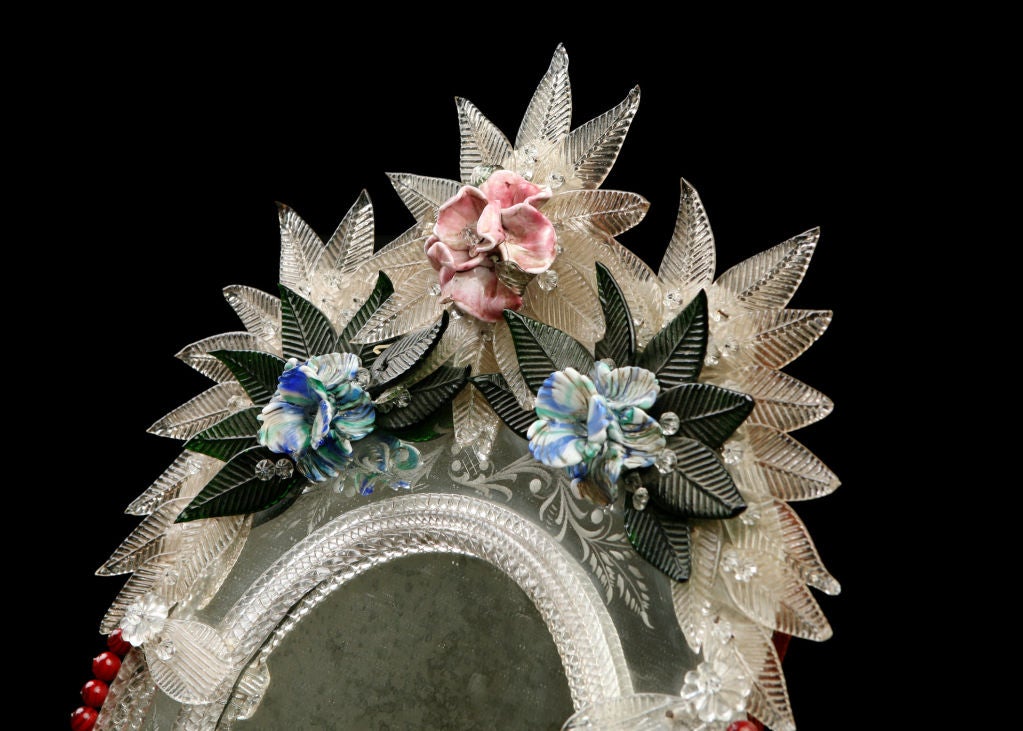 20th Century Italian Antique Murano Mirror with Colored Flowers and Ornaments