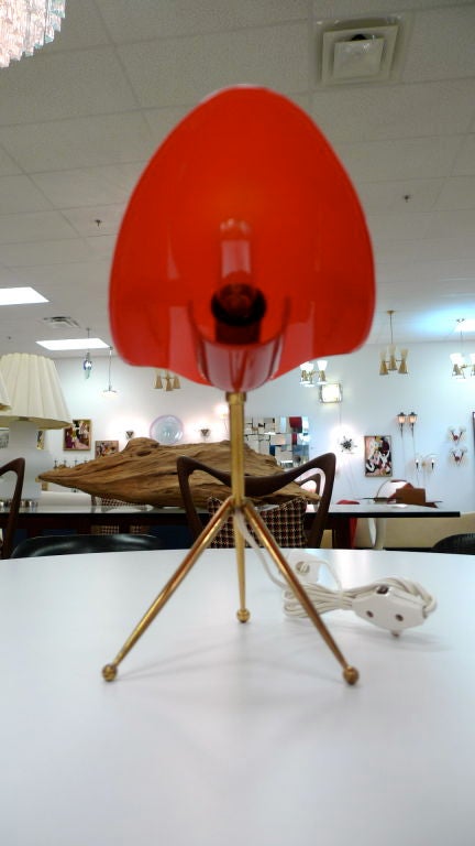 Brass Tripod Lamp with Articulating Red Plexi Reflector