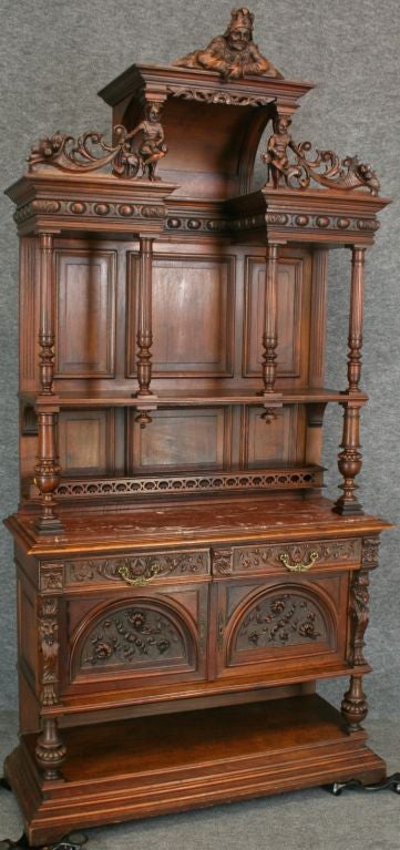 Antique French Renaissance Carved Walnut Buffet Jesters