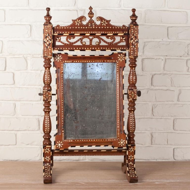 Anglo-Indian Teak Mirror on Stand with Ebony and Ivory Inlay