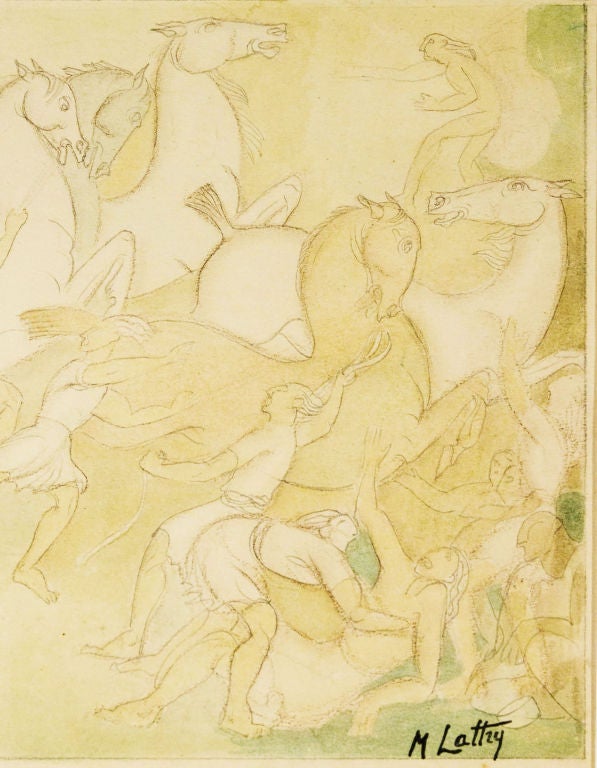 Plein d'énergie et pourtant éthéré et d'un autre monde, ce magnifique dessin a été réalisé par Michel Lattry, dont l'art fantaisiste et léger est toujours charmant.  Ce dessin, avec son enchevêtrement de chevaux et d'Athéniens accablés, est un