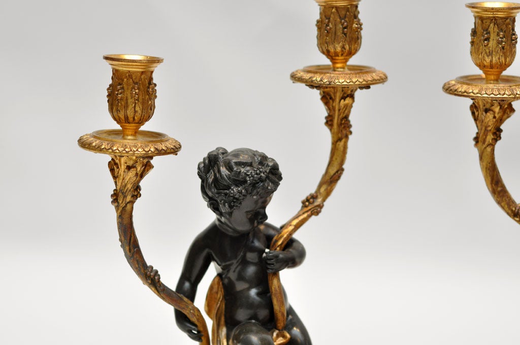 Rococo French Bronze Candelabras Infant Bacchus & Satyr after Michel Claude Clodion For Sale