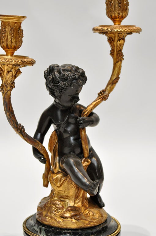 French Bronze Candelabras Infant Bacchus & Satyr after Michel Claude Clodion In Good Condition For Sale In Chicago, IL